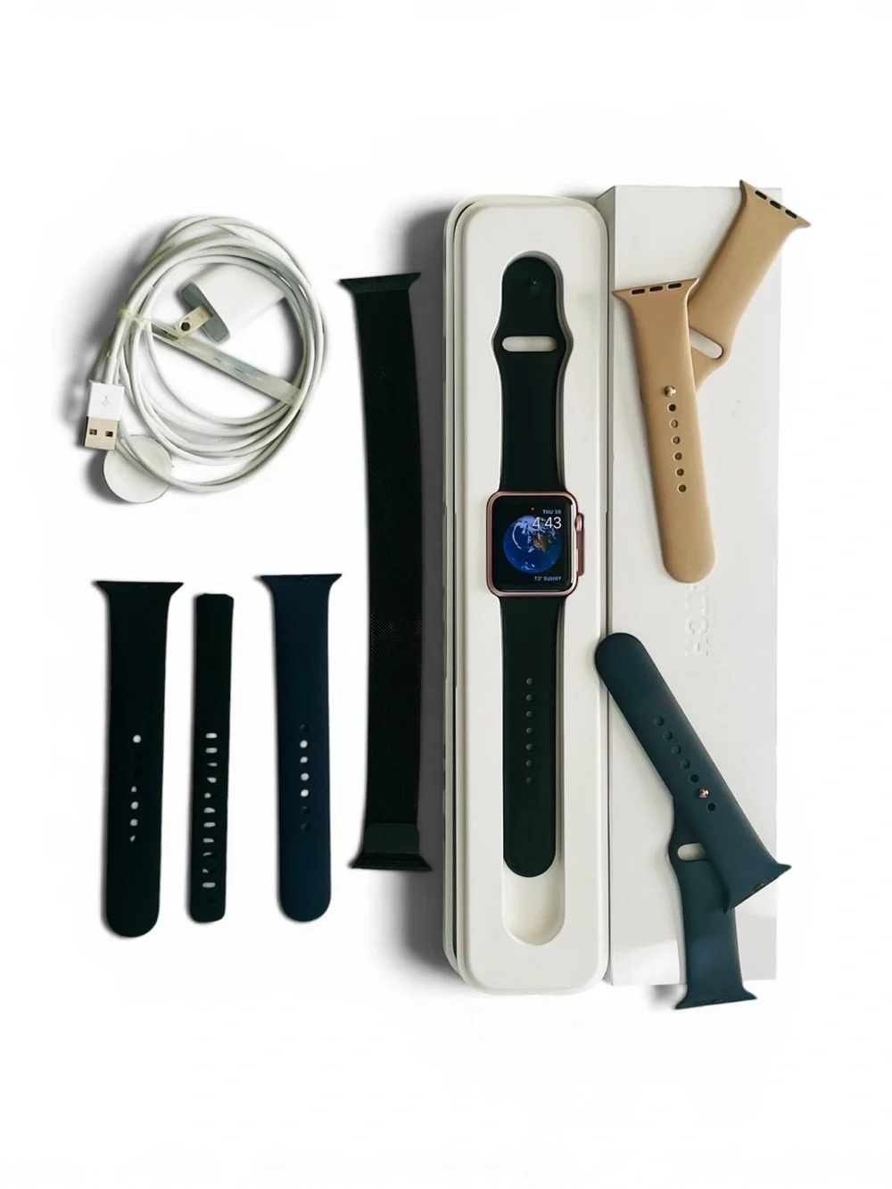 Apple S1 42MM Rose Gold Titanium Mesh Band Watch, Case, Charger | ML | Preowned